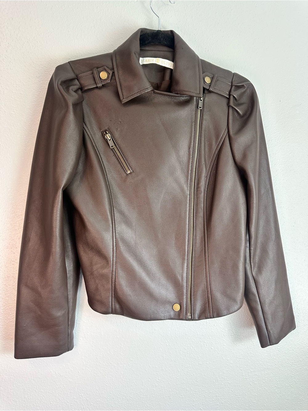 Marie Oliver Brown Faux Leather Puff Shoulder Moto Jacket Asymmetric Zip
